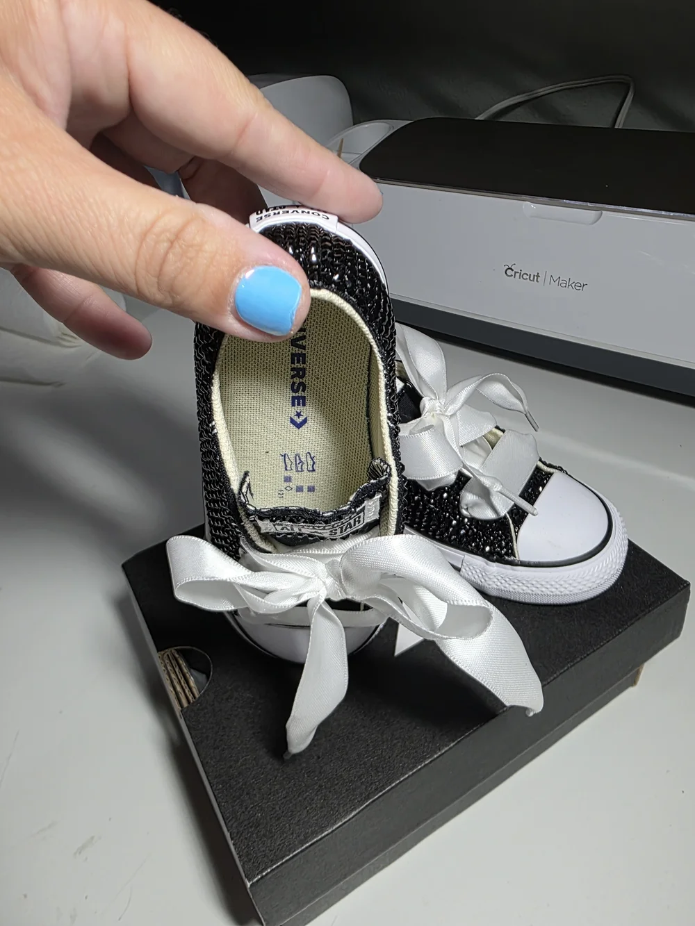 Converse Kids' Black Gem Bling Low Top Sneakers with White Satin Laces